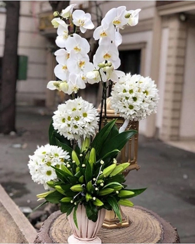 Çift Dallı Beyaz Orkide Ve Beyaz Lilyum Ve Papatya Aranjmanlı